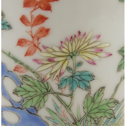 374 - Chinese porcelain brush pot finely hand painted in the famille rose palette with flowers, calligraph... 