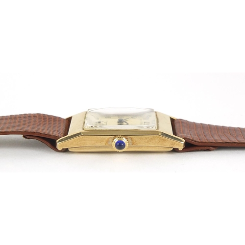 1132 - Art Deco gentlemen's 9ct gold manual wristwatch with blue cabochon crown, the case 21.5mm wide