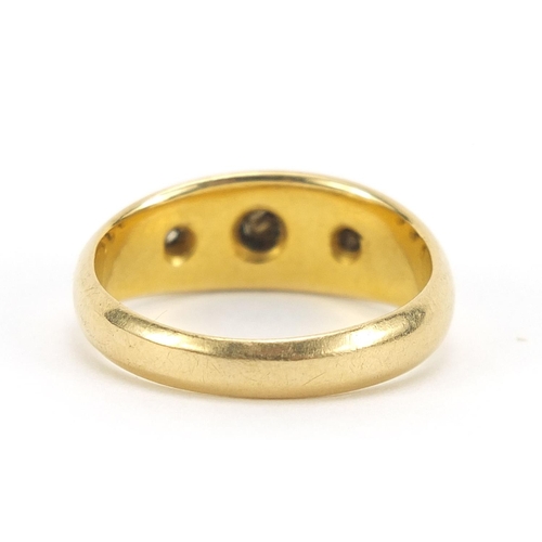 140 - Victorian 18ct gold diamond three stone gypsy ring, Birmingham 1899, size L/M, 5.0g