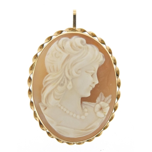 953 - 9ct gold cameo maiden head pendant brooch, 3.6cm high, 6.8g