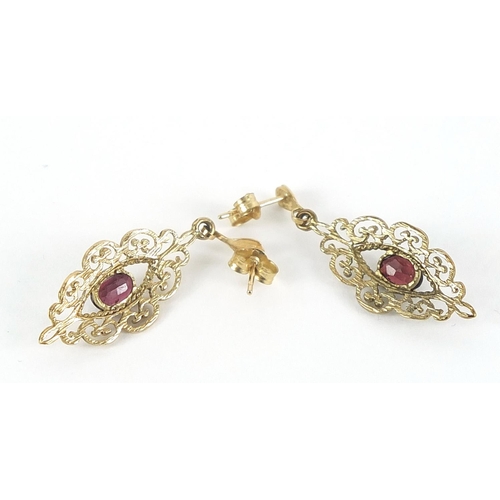 149 - Pair of 9ct gold garnet drop earrings, 3cm high, 2.2g