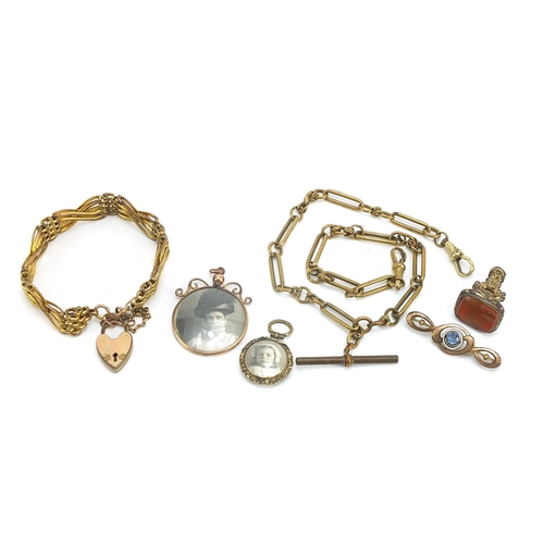 1990 - Antique and later jewellery including a watch chain with T bar, bracelet with love heart padlock, ca... 