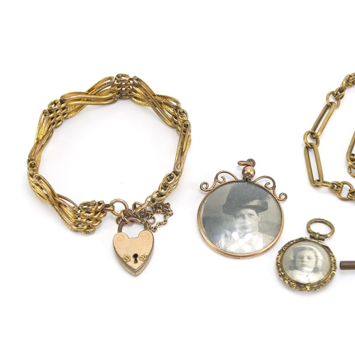 1990 - Antique and later jewellery including a watch chain with T bar, bracelet with love heart padlock, ca... 