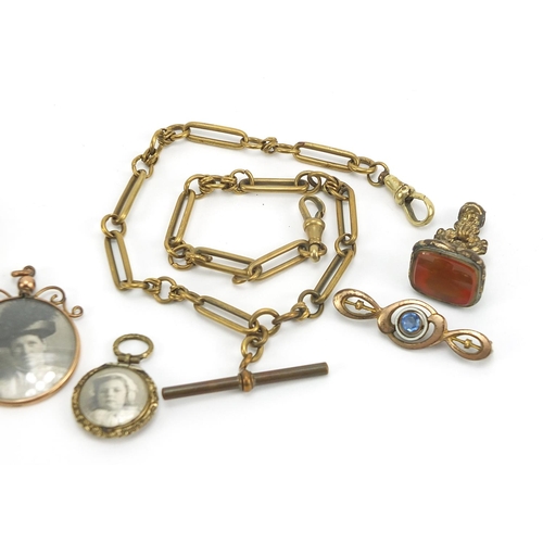 1990 - Antique and later jewellery including a watch chain with T bar, bracelet with love heart padlock, ca... 