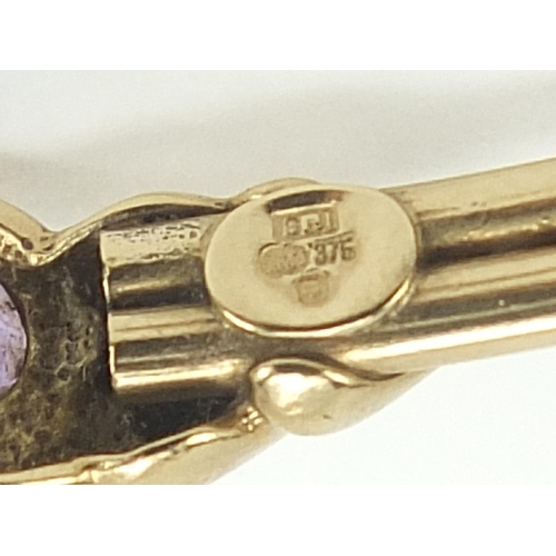 180 - 9ct gold amethyst bangle, 5.5cm in diameter, 6.4g