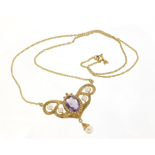 354 - Art Nouveau design 9ct gold amethyst and pearl necklace housed in a velvet and silk lined fitted box... 