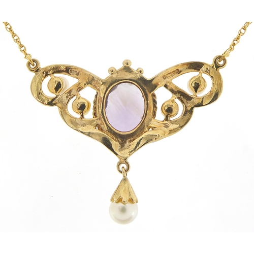 354 - Art Nouveau design 9ct gold amethyst and pearl necklace housed in a velvet and silk lined fitted box... 