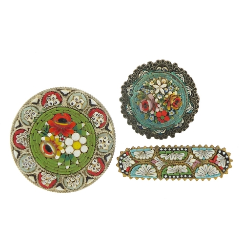 2073 - Three vintage Italian micro mosaic brooches including one silver, the largest 3.5cm in diameter