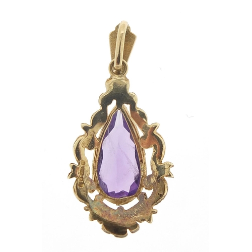 858 - 9ct gold amethyst tear drop pendant, 3.2cm high, 2.8g