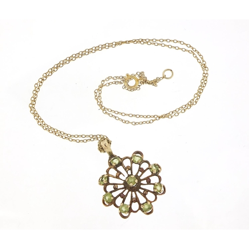 245 - 9ct gold peridot pendant on a 9ct gold necklace, 2.5cm high and 40cm in length, total 3.8g