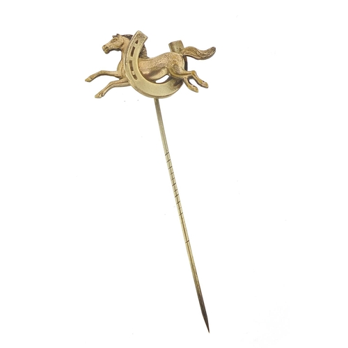 1994 - Equestrian interest gilt metal horse and horseshoe stick pin, 8cm in length, 4.1g