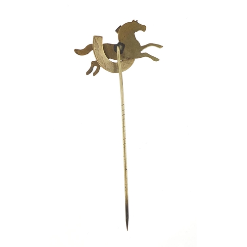 1994 - Equestrian interest gilt metal horse and horseshoe stick pin, 8cm in length, 4.1g