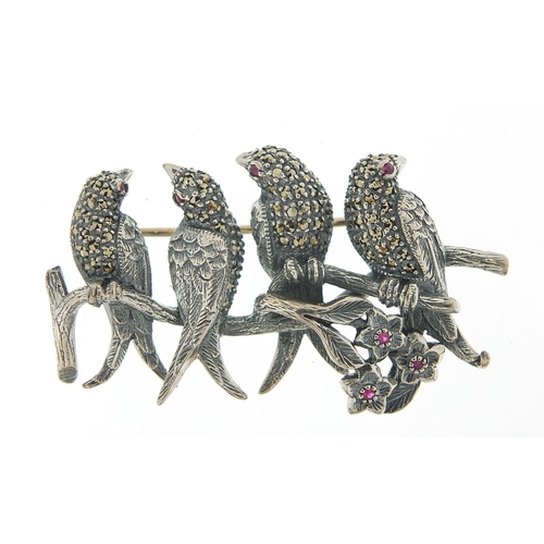 2542 - Silver marcasite brooch in the form of birds seated on a branch set with ruby eyes and flowers, 4cm ... 