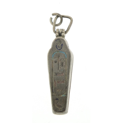 213 - Egyptian Revival silver and enamel Tutankhamun Sarcophagus pendant enclosing a mummy, 2.8cm high, 3.... 