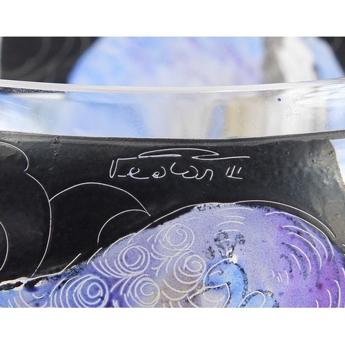 805 - Art Deco style glass bowl hand painted with peacocks, indistinctly signed, 12cm in diameter