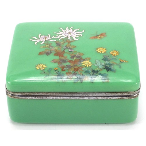 64 - Japanese cloisonné box and cover finely enamelled with a butterfly amongst flowers, 5cm H x 10.5cm W... 