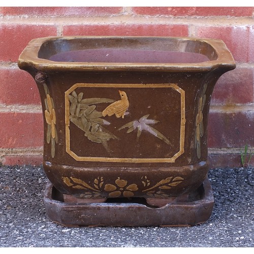 2593 - Chinese stoneware planter on stand, decorated with birds amongst flowers, 24cm H x 31cm W x 31cm D