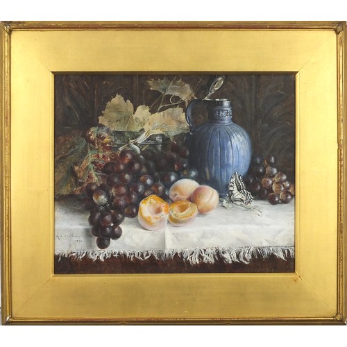 217 - Annie E Hastling 1874 - Still life vessels and fruit, late 19th century tempera, mounted, framed and... 