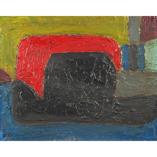 2012 - Abstract composition, geometric shapes, Russian school oil on board, mounted and framed, 49.5cm x 39... 