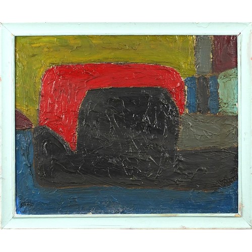 2012 - Abstract composition, geometric shapes, Russian school oil on board, mounted and framed, 49.5cm x 39... 