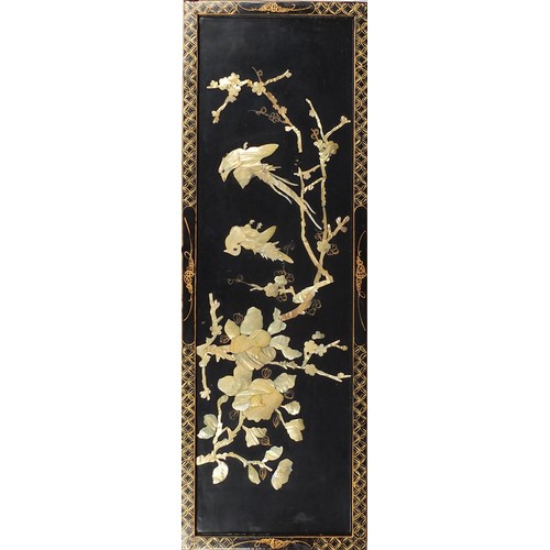 2017 - Two Chinese lacquered wall plaques with mother of pearl and stone inlay depicting birds of paradise,... 