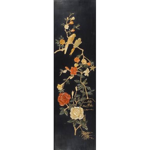 2017 - Two Chinese lacquered wall plaques with mother of pearl and stone inlay depicting birds of paradise,... 