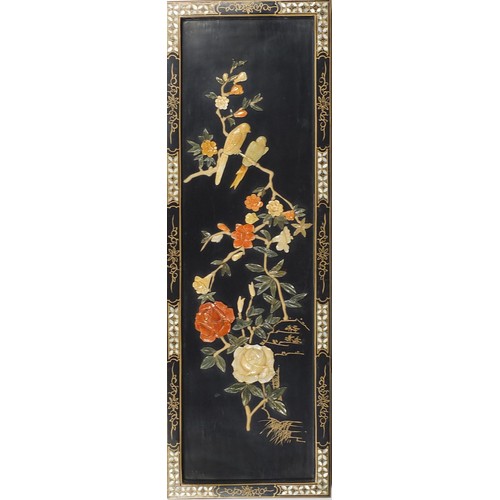 2017 - Two Chinese lacquered wall plaques with mother of pearl and stone inlay depicting birds of paradise,... 