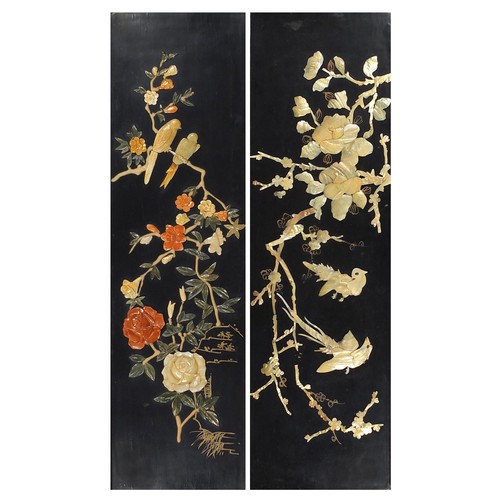 2017 - Two Chinese lacquered wall plaques with mother of pearl and stone inlay depicting birds of paradise,... 