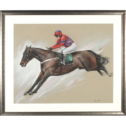 324 - Sarah Aspinall - Sprinter Sacre, horseracing scene, pastel, mounted, framed and glazed, 64cm x 41cm ... 