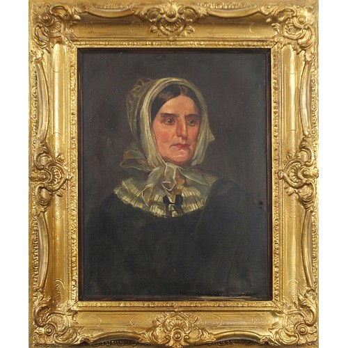 455 - Head and shoulders portrait of a lady wearing a bonnet, Victorian oil on canvas, mounted and framed,... 