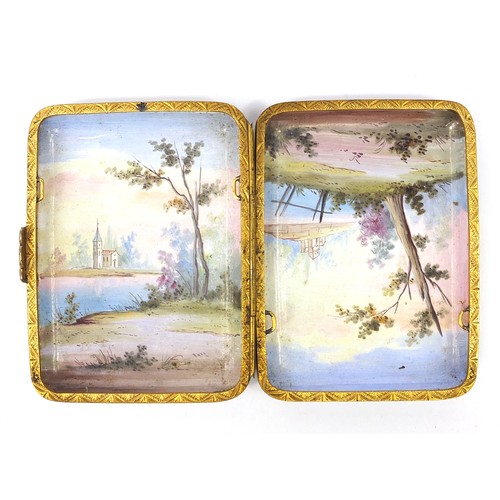 122 - 19th century Continental enamel cigarette case finely hand painted with lovers beside water and a la... 