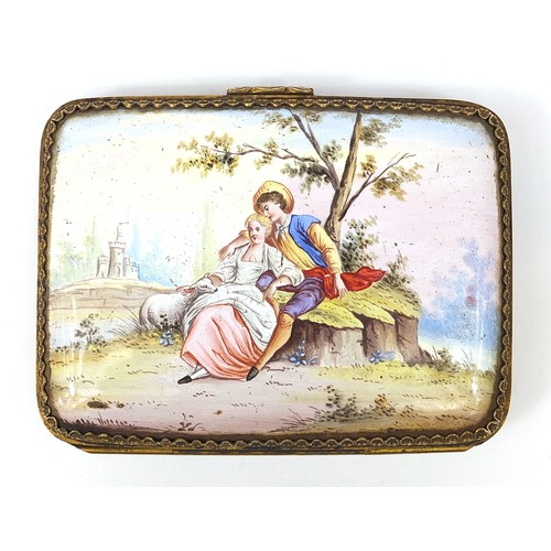 122 - 19th century Continental enamel cigarette case finely hand painted with lovers beside water and a la... 