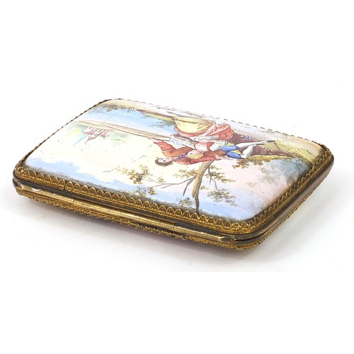 122 - 19th century Continental enamel cigarette case finely hand painted with lovers beside water and a la... 