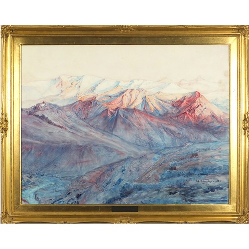 101 - Ernest De Bonnencontre - Sunset in the Argentinian Andes, watercolour, mounted, framed and glazed, 6... 