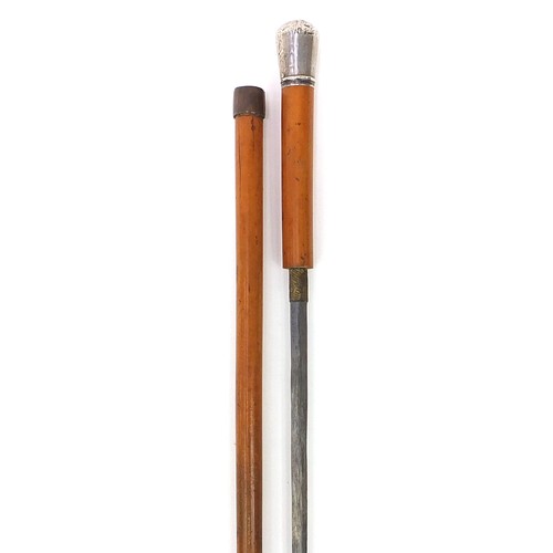 873 - Malacca sword stick with silver pommel and steel blade, 91cm in length