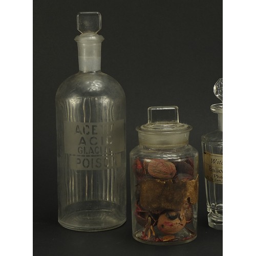 668 - Four 19th century apothecary glass jars and an Art Deco frosted and clear glass scent bottle, one wi... 