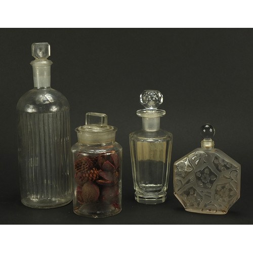 668 - Four 19th century apothecary glass jars and an Art Deco frosted and clear glass scent bottle, one wi... 