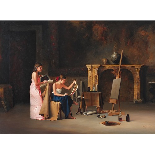 99 - Benito Cerna - Two females in an interior, oil on canvas, framed, 167cm x 123cm excluding the frame