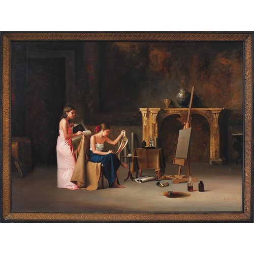 99 - Benito Cerna - Two females in an interior, oil on canvas, framed, 167cm x 123cm excluding the frame