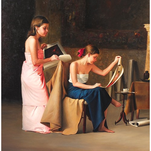 99 - Benito Cerna - Two females in an interior, oil on canvas, framed, 167cm x 123cm excluding the frame