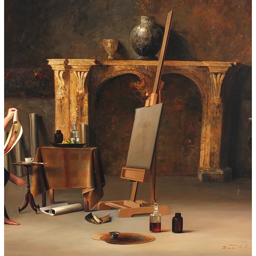 99 - Benito Cerna - Two females in an interior, oil on canvas, framed, 167cm x 123cm excluding the frame