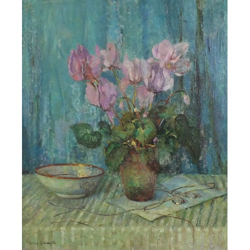 1906 - Mary Remington - Still life flowers in a vase with vessel, Scottish school oil on canvas, labels ver... 