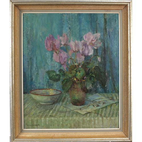 1906 - Mary Remington - Still life flowers in a vase with vessel, Scottish school oil on canvas, labels ver... 