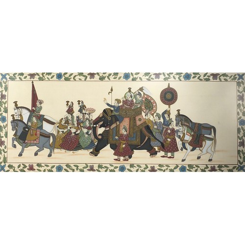 1909 - Indian elephant consort with horses, Indian Mughal school watercolour, framed and glazed, 108cm x 44... 