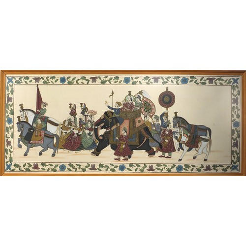 1909 - Indian elephant consort with horses, Indian Mughal school watercolour, framed and glazed, 108cm x 44... 