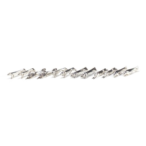 299 - Gallia, set of twelve French Art Deco silver plated knife rests in the form of animals, housed in a ... 