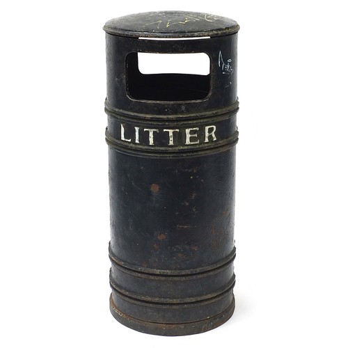 1768 - Victorian cast iron litter bin with painted lettering, hinged front and liner, 94cm high