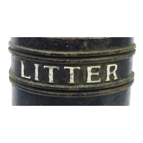 1768 - Victorian cast iron litter bin with painted lettering, hinged front and liner, 94cm high