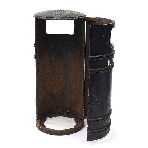 1768 - Victorian cast iron litter bin with painted lettering, hinged front and liner, 94cm high