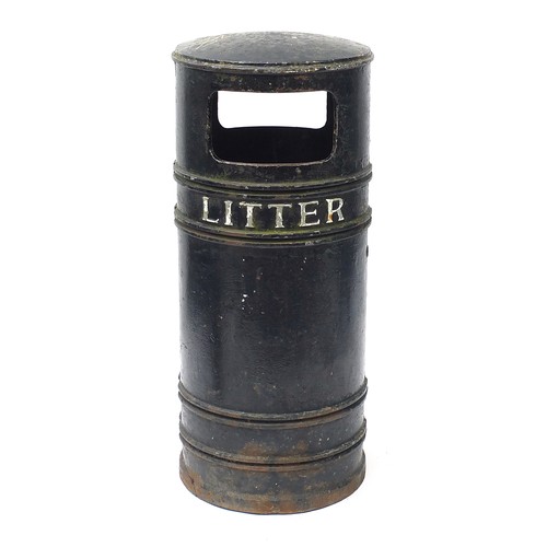 1768 - Victorian cast iron litter bin with painted lettering, hinged front and liner, 94cm high